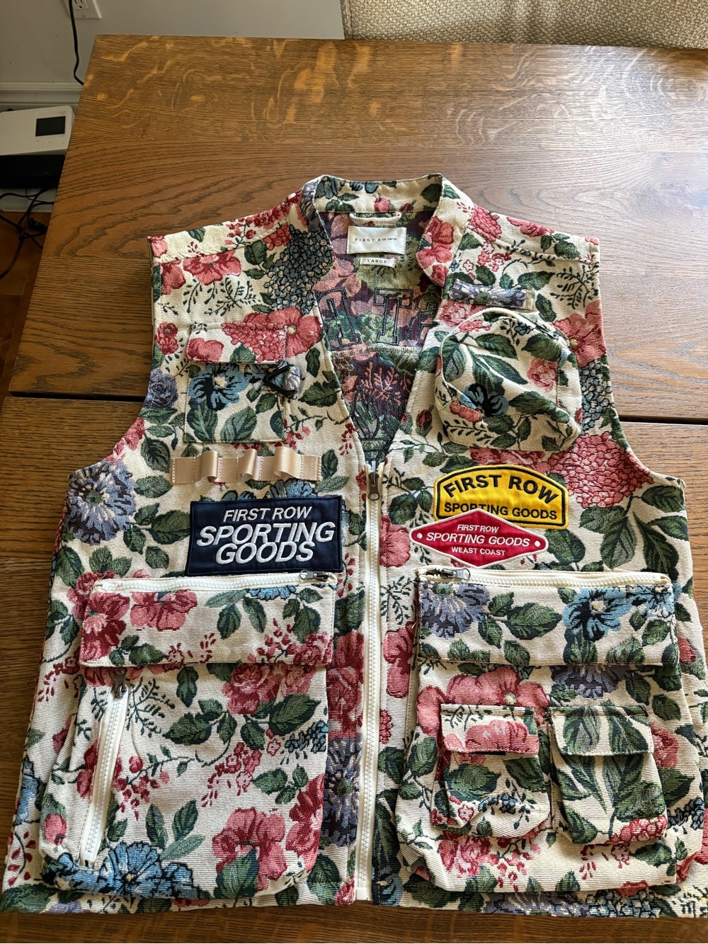 First Row Floral Utility Vest in Cream with Red & Blue Flowers